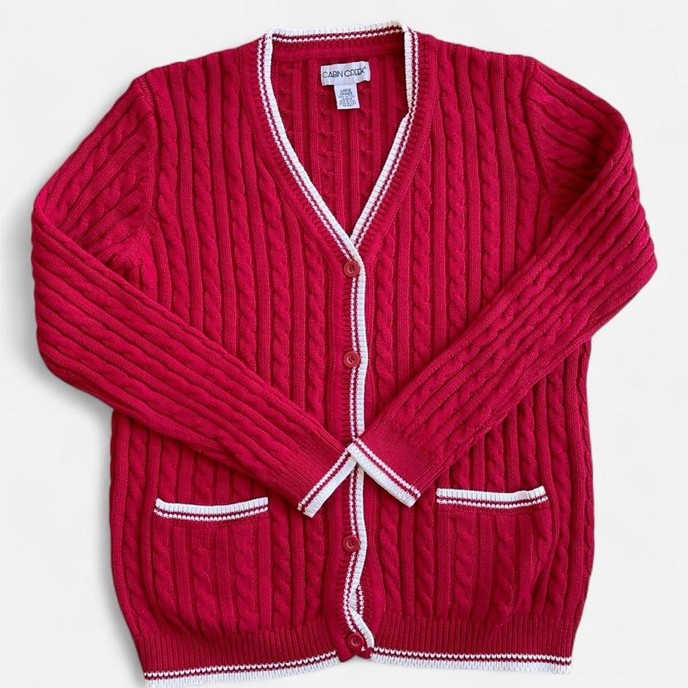 Vintage Cabin Creek Red & White Cotton Knit Ribbed Long V-Neck Cardigan L